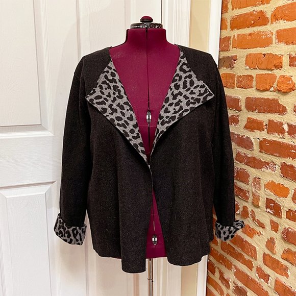 NWOT Jones New York Reversible Leopard Print & Black Wool Felt Jacket - Picture 2 of 11